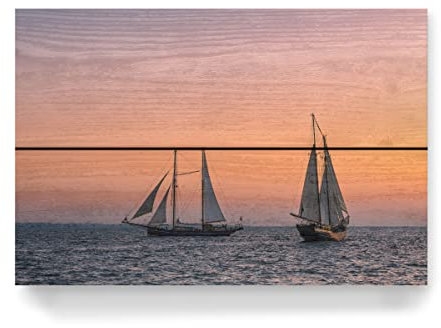 artboxONE Holzbild 30x20 cm Natur Sonnenuntergang, Meer, Segelschiff von Künstler Rico Ködder