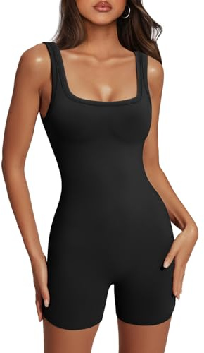 AUTOMET Damen Trägerbody Bodysuit Workout Sexy Unitard Strampler Einteiler Sommer Strand Outfits Jumpsuits Yoga Mode Kleidung Mädchen 2023, Schwarz, Small