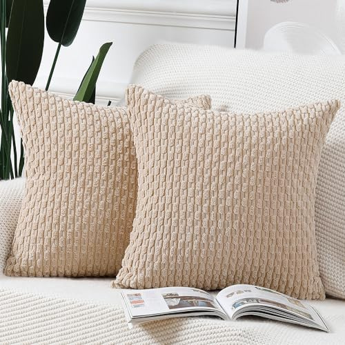 Madizz 2er Set Boho Gestreifte Kissenbezüge Weicher Kord Dekorativer Kissenbezug für Schlafzimmer Sofa Kissenhülle Beige 45 x 45 cm