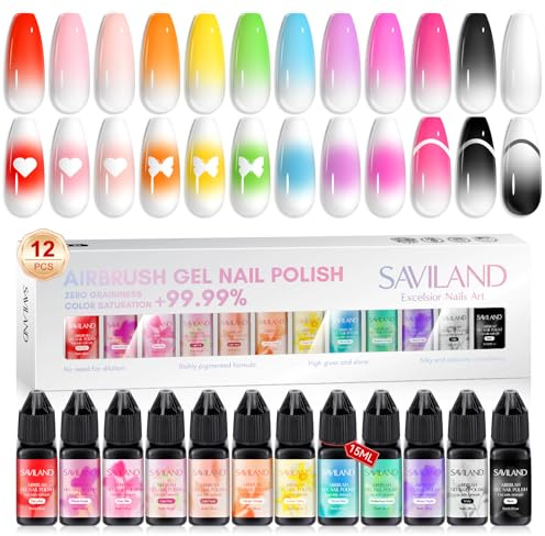 Saviland Juego de esmaltes de uñas de gel con aerógrafo, 12 colores, colección de primavera y verano para diseño de uñas, pegatinas de manicura francesa, 15 ml de esmalte de uñas con aerógrafo de
