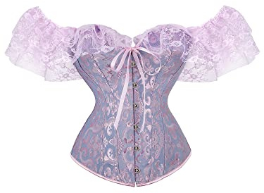 Acrawnni Women's Off Shoulder Lace Up Boned Overbust Corset Bustier Vintage Floral Print Lace Bandage Shaper Lingerie Top Shapewear (A-Purple, L)