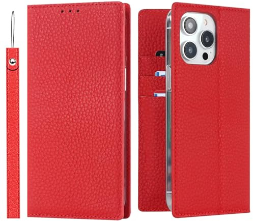 ELTEKER Hülle iPhone 15 Pro Max Handyhülle [Echtes Leder] Klapphülle mit Kartenfach,Schutzhülle Leder Hülle für iPhone 15 Pro Max-Rot