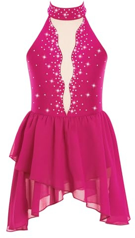CHICTRY Abito da Pattinaggio Artistico Bambina Paillettes Tutu Vestito Danza Classica Body da Balletto Abito da Ballo Latino Ballerina Costumi di Danza Jazz Performance Rosa Caldo C 9-10 Anni