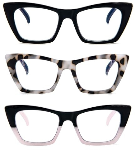 KoKoBin 3 Pack Lunettes de Lecture Oprah pour Femmes Bloquant la Lumière Bleue de l'Ordinateur Loupes de Lecture Cat-eye avec Charnière à Ressort (3 Pairs, 1, Dioptres)