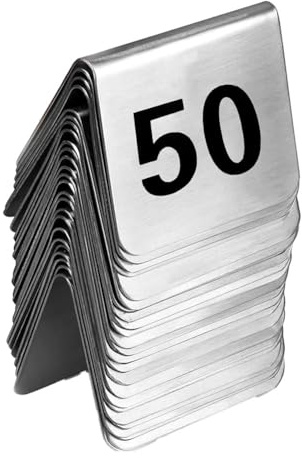 Tagtight 50 numeri da tavolo in acciaio , numero 1-50, per banchetti, servizi, ristoranti e bar, impilabili, numeri neri su entrambi i lati