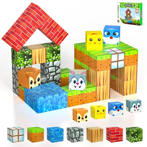 Magnetic Building Blocks for Kids Ages 3-8, Magnetic Tiles Stacking Animal Farm, 46PCS STEM Magnet Cube Set, Preschool Learning Montessori Sensory Construction Toys, Gifts for Children, Boys & Girls