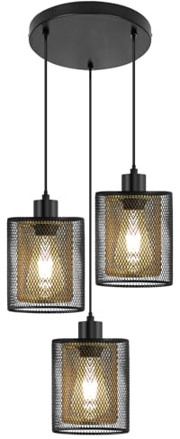 Pendelleuchte Esstisch Hängelampe 3-flammig mit Doppel Eisen Lampenschirm Schwarz/Gold, Höhenverstellbare Deckenlampe hängend mit E27 Fassung, Vintage Hängeleuchte für Wohnzimmer, Esszimmer,Küche,Flur