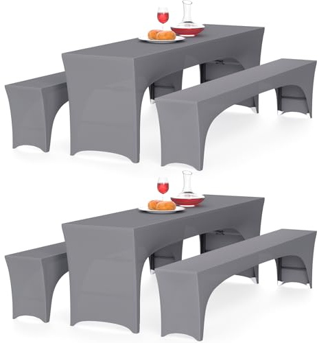 Alishomtll Zwei 3er-Set Elastisch Biertischhussen, Stretch Bierzeltgarnitur für 70cm Tischbreite, Bierbankhussen Bankgarnitur für Biertisch und Bierbank Bankett Gartenmöbel-Bezüge, 220x70cm Grau