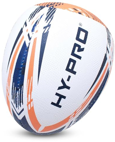 Hy-Pro Ballon de Rugby Rebound Taille 4 – Caoutchouc synthétique, Grip Double Grain, Cousu à la Main, vessie en Latex Durable – Idéal pour l'entraînement de Passes et de Manipulation, Blanc/Bleu