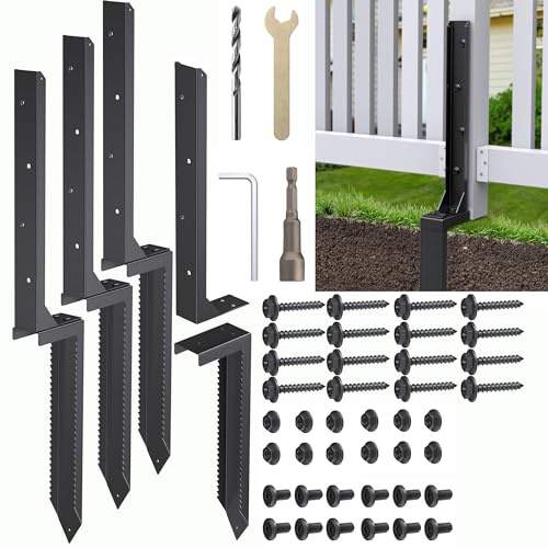 4pcs Fence Post Repair Kit, Heavy Duty Fence Post Anchor Stakes Ground Spike for Repair Tilted, Fix Broken Wood Support (Black)