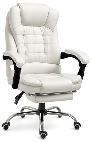 RMF Silla de Oficina Ergonómica Profesional Reclinable, Silla de Escritorio Cómoda y Relajante con Reposapiés - Sillón Relax con Ruedas Giratorias y Altura Ajustable Blanco