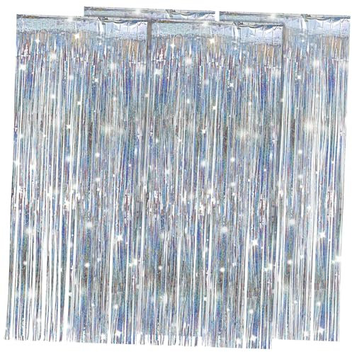 Zerodeko 4 Piezas Cortinas de Franjas Plateadas de Foil para Decoraciones de Fiesta Telón de Instalación Efecto Multiusos