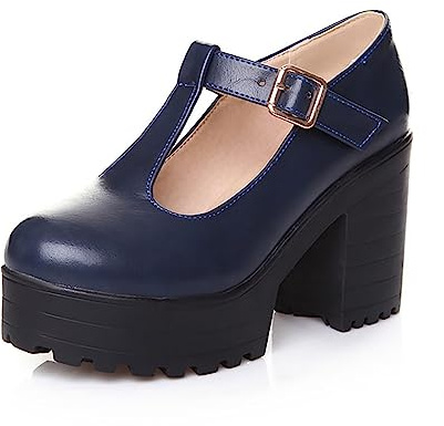 Mary Jane skor dam platå gotiska – pumps dam blockklack – chunky höga klackar T-rem halvskor spänne remsandaler blockklack högklackade skor slip-on loafers enstaka skor, blå, 37 EU