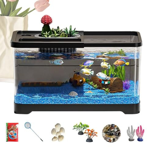 Aquarium Starter-Set, Aquarium Starter Set Mit Filter Und Beleuchtung, Dekoration Mit Untersee-Landschaft, Kompaktes Glas-Für -Wohnzimmer Studentenzimmer