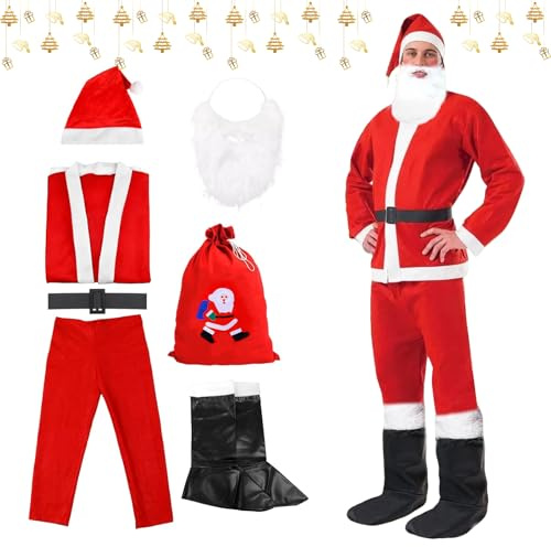 Smdbzda Costume da Babbo Natale Uomo, 7 Pezzi Costume da Babbo Natale per Adulti, con Barba, Cappello, Scarpe, Vestiti, Pantaloni, Cintura e Borsa Regalo, per Nat-ale, Feste, Carnivale, Cosplay