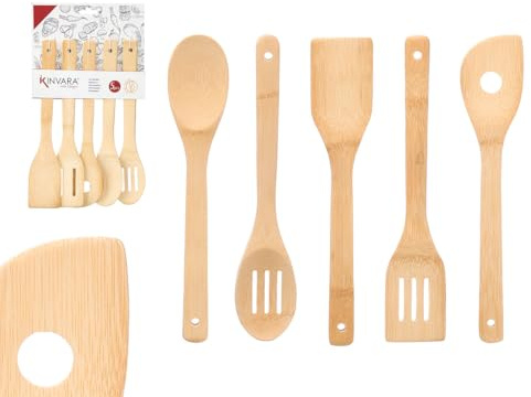 Set di utensili da cucina in legno di bambù – Set di 5 accessori da cucina originali per utensili da cucina antiaderenti (cucchiaio, cucchiai, spatole, cazzuole) o set di 4 accessori. (5)