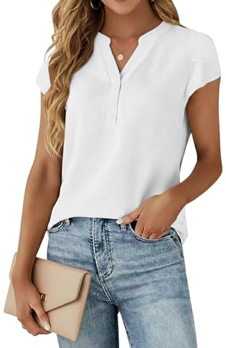 Cuptacc Chemise Femme Col en V Blouse Chic Élégant Manche Courte Haut Ete | Ete,Chiffon,Élégant,Mode,Casual,Manches Bouffantes,Boutons,Couleur Unie,Fleurs,Business,Basique