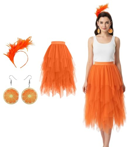 Kostüm Damen 7 Stück Apritz Costume Accessoires Tüllrock Orange Damen Karneval Kostüme mit Enthält Haarreif Orange Ohrringe Halskette Herz Sonnenbrille Beinwärmer Netzhandschuhe
