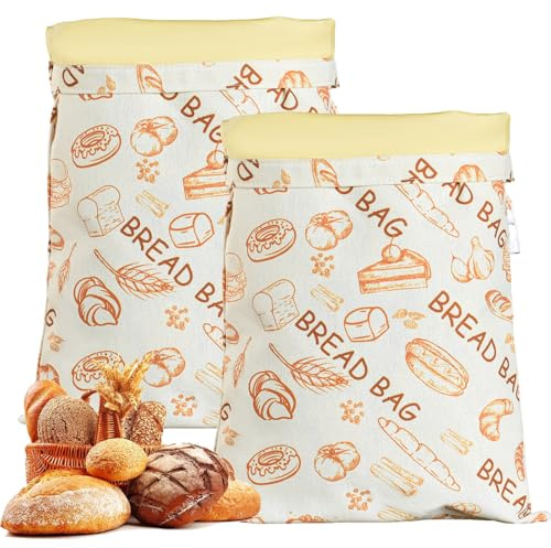 2PCS Beeswax Bread Bags, Reusable Cotton Linen Bread Storage Bags with Natural Beeswaxs Lining, Extra Large Beeswax Food Storage Bags with Zip Closure for Sourdough & Artisan Loaves (B)