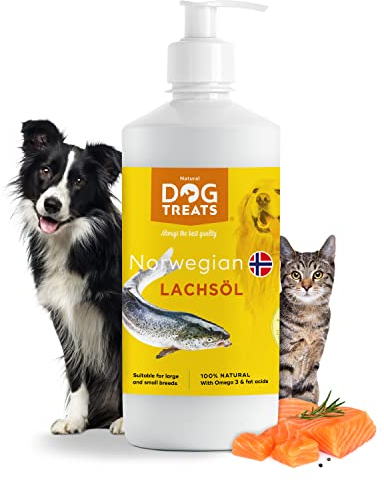 Natural Dog Treats - Huile de Saumon pour Chien - Huile de Poisson Naturelle - Huile de Saumon pour Chiens et Chats Complément Alimentaire Riche en Oméga 3, 6 et 9 - Huile de Saumon Norvégien 500 ML
