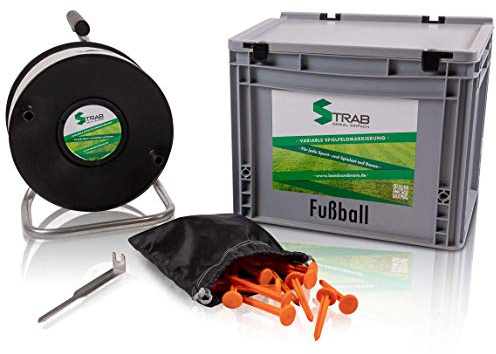 STRAB Spielfeldmarkierung 150 Meter Elastisches Band mit 50 Erdspießen und Transportbox Made in Germany