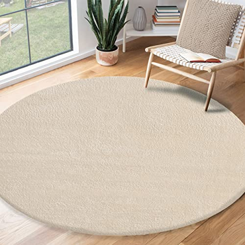 the carpet Relax Moderner Flauschiger Kurzflor Teppich, Anti-Rutsch Unterseite, Waschbar bis 30 Grad, Super Soft, Felloptik, Beige, 120 cm Rund