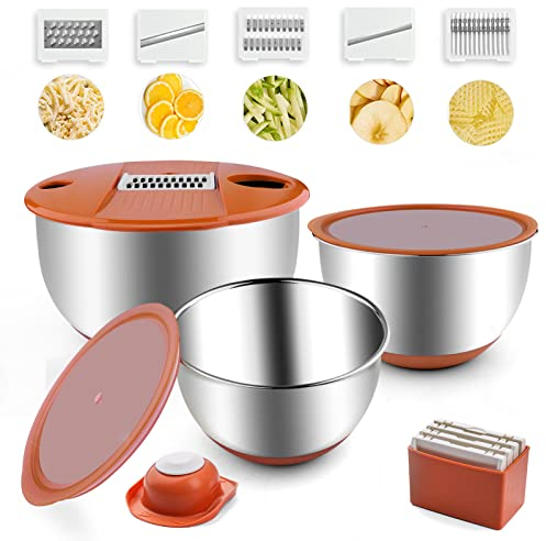 weltonhm Mixing Bowls with Lids Set,3 Pieces Stainless Steel Nesting Bowls Vegetables Slicer Non-Slip Mixing Bowl for Baking Prepping Cooking(Orange)