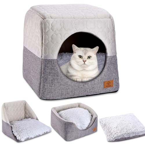 Ownpets faltbares Katzenhöhle, Katzenbett für Indoor, Katzenhöhlebett mit abnehmbarem, waschbarem Kissen, weich, Kuschelhöhle für Katzen, 35 * 35 * 32cm, Grau