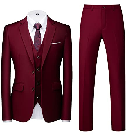 Allthemen Traje de Hombre de 3 Piezas de Ajuste Delgado con un Solo Pecho de Dos Botones Traje de Esmoquin de Boda Chaqueta Chaleco Pantalones Burdeos S