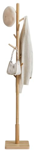 VASAGLE Garderobenständer, Kleiderständer Massivholz, Jackenständer Baumform, 8 Haken für Jacken, Hüte, für Flur, Haken und Haltestange aus Kautschukholz, naturbeige RCR010N01