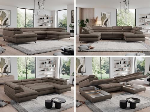 MKS MEBLE Sofa U, Wohnlandschaft U-Form, Ecksofa mit Schlaffunktion und Bettkasten, Schlafsofa mit Bettkasten, Couch mit Verstellbare Kopfstützen - Pedro U - Braun Velvet Hydrophob