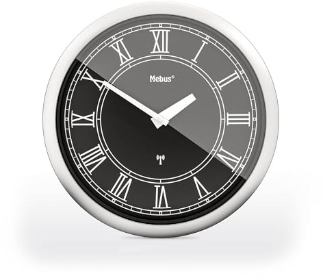 Mebus Funk-Wanduhr, 26 cm, lautlos, römische Ziffern, silberner Rahmen, schwarzes Zifferblatt, Modell 19814 - Stilvoll und geräuschlos