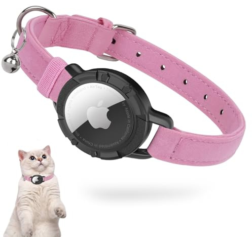 Airtag Katzenhalsband Samt, Integriertes Apple Air Tag Katzen Halsbänder, GPS, mit Airtag Halterung & Glocke Leichtes Tracker, Mädchen/Jungen [Rosa,S]