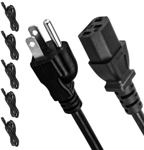 5 Pack 3-Prong Replacement Computer Power Cord, 6FT AC Power Cord Cable for Electronics, TV, Computer, Printer, Radio, Monitor, Samsung, Dell, Vizio, LG, Asus, Laptop and More, 18 AWG, 125 V