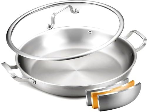 DELARLOCHEF Poêle à Paella 35 cm 12 Pers Triple Couche Acier Inox 316°C Sans PFOA | Compatible Induction/Tous Feux (Gaz/Électrique) | Chaleur Uniforme Lavable Lave-Vaisselle Kit Paell