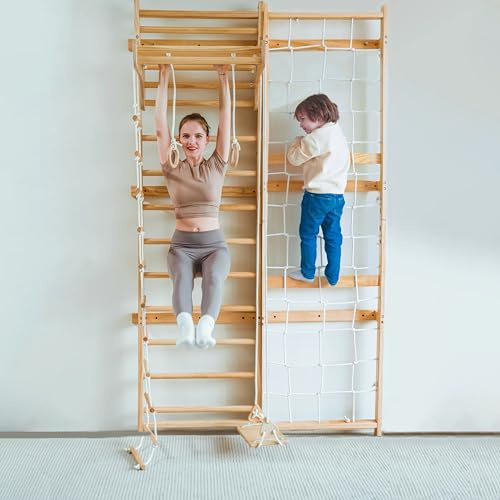 Avenlur Neem 5-in-1 Swedish Ladder Wall Gym with Cargo Wall Climber, Swedish Ladder Swing, Rope Ladder, Adult Pull-Up Bar, and Indoor Slide - Indoor Jungle Gym for Kids and Adult (79)