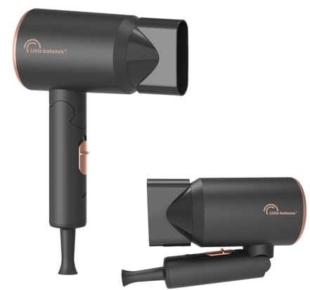 LITTLE BALANCE 8786 Ionic Travel, Asciugacapelli pieghevole, Utra compatto, Tecnologia ionica, 2 temperature, Voltaggio universale, 1 Diffusore, 1200 W, Nero