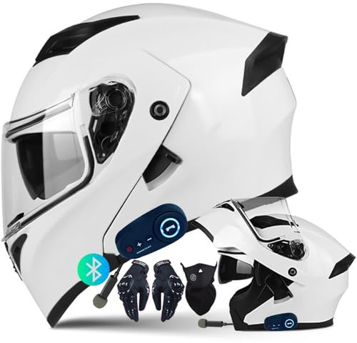 Byroads Motorradhelm Klapphelm mit Bluetooth ECE-zugelassener Helm Motorrad Integrierter leiser Helm mit Anti-Fog-Doppelvisier Rennhelm Erwachsene Männer Frauen Weiß