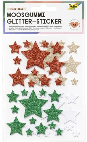 folia 23775 - Moosgummi Glitter-Sticker STARS XMAS, 50 Stück in 4 verschiedenen Farben, Stern Aufkleber zum Verzieren und Dekorieren