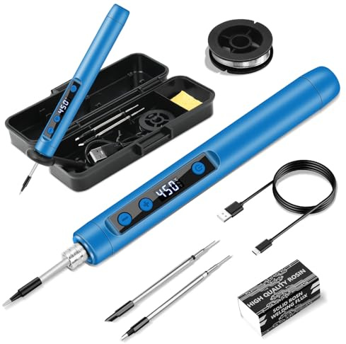 KKMOL Kit de Fer à Souder Sans Fil, Rechargeable USB, Écran LCD, Température Réglable 180-450°C, 3 Pannes à Souder, Fil à Souder, Kit de Soudure Pour Réparation de Soudure- Bleu