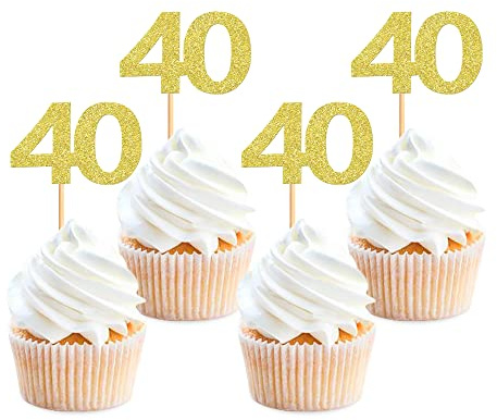 24PCS Gold Glitter 40th Birthday Cupcake Toppers Cheers to 40 Years Number 40 Birthday Celebrating Cake Decorations for Birthday Anniversary Party Supplies