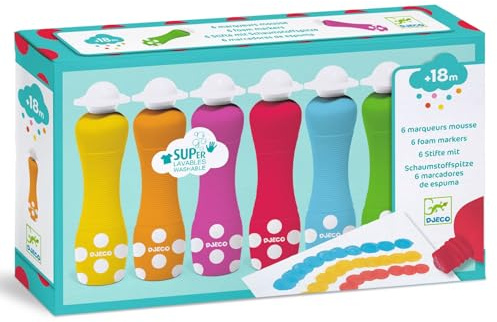 Djeco Schaumstoffmarker Set – 6 Farben, ab 18 Monaten, ultra-waschbar, ergonomische Form für kleine Hände, erste Filzstifte für kreative Punkte & Malspaß