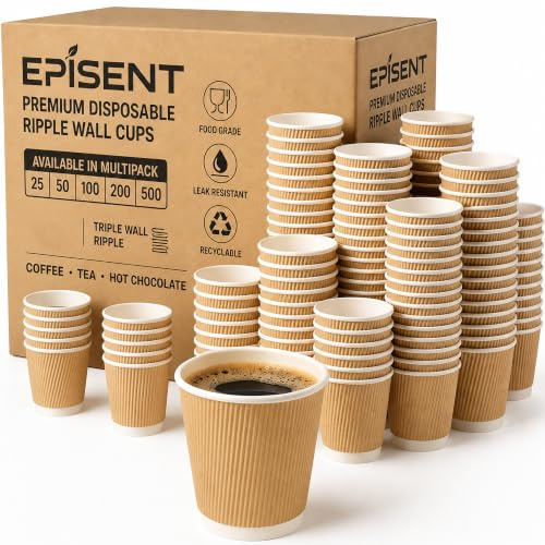 EPISENT 12oz Disposable Coffee Cups, 500 Pack Ripple Kraft Paper Cups | Triple wall ripple insulation, 500 pack, 340ml, brown kraft, no sleeve needed, lids not included, for cafés and offices