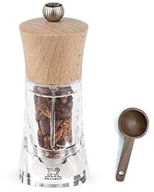 Peugeot - Oleron Manual Mill Chili Mill - Transparent Adjustable Grinder - Acrylic and Beechwood, Natural, 5.5 Inches - With Wooden Spice Scoop Spoon