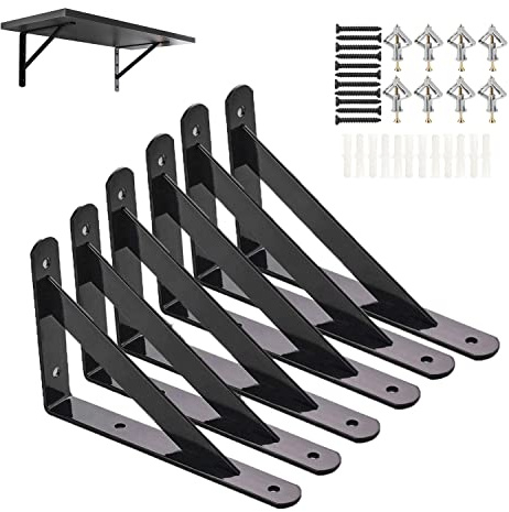 Shelf Brackets 200x120mm, 6 Pack 8 Inch Lightweight Wall L Brackets with 90 Degree Triangle for Concrete Wall, Gypsum Board etc, Mounting Screws Included(Max Load 30kg Each Pair)