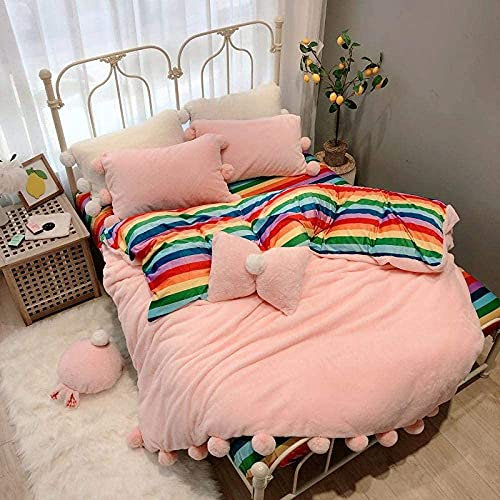VIROYA Ensemble de literie en Velours Polaire, Nouveau Rose Gris Blanc Sept Arc-en-Ciel Hiver Chaud Flanelle Velours Polaire Princesse Fille Ensemble de literie Housse de Couette Drap de lit taies