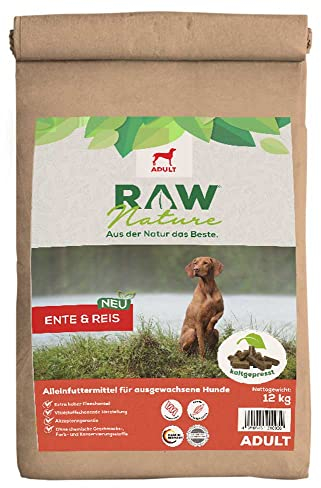 RAW Nature Trockenfutter Adult mit Ente 12kg, kaltgepresstes Hundefutter, Getreidefrei, 100% Muskelfleisch, hoher Fleischanteil, ohne künstliche Zusätze, für alle Rassen und Sensible Hunde geeignet