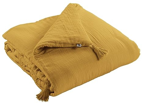 Mylittlebed Edredon Couvre lit 150x150cm L’Effet Papillon® - Boutis 100% Gaze de Coton 125gr/m² pour lit 2 Personnes [ Couvertures, Plaids et boutis ] (Jaune Safran)