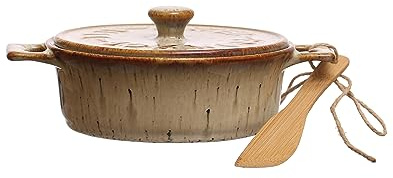 Creative Co-Op Stoneware Brie Baker with Bamboo Spreader Set in Reactive Glaze, Brown and Tan