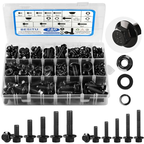 Besitu 280Pcs Metric Flange Bolt Assortment, M6x1.0, M8x1.25, M10x1.5 (12mm to 30mm) Assorted Hex Bolts and Nuts Washers Kit for Automotive, 10.9 Black Zinc Galvanized
